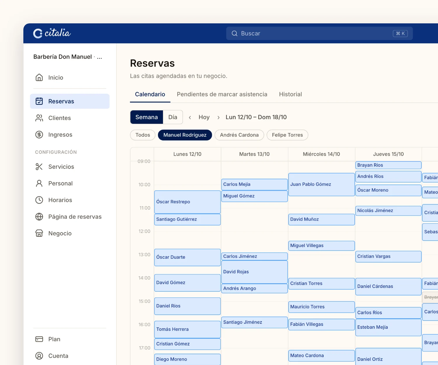 Calendario semanal de reservas en Citalia