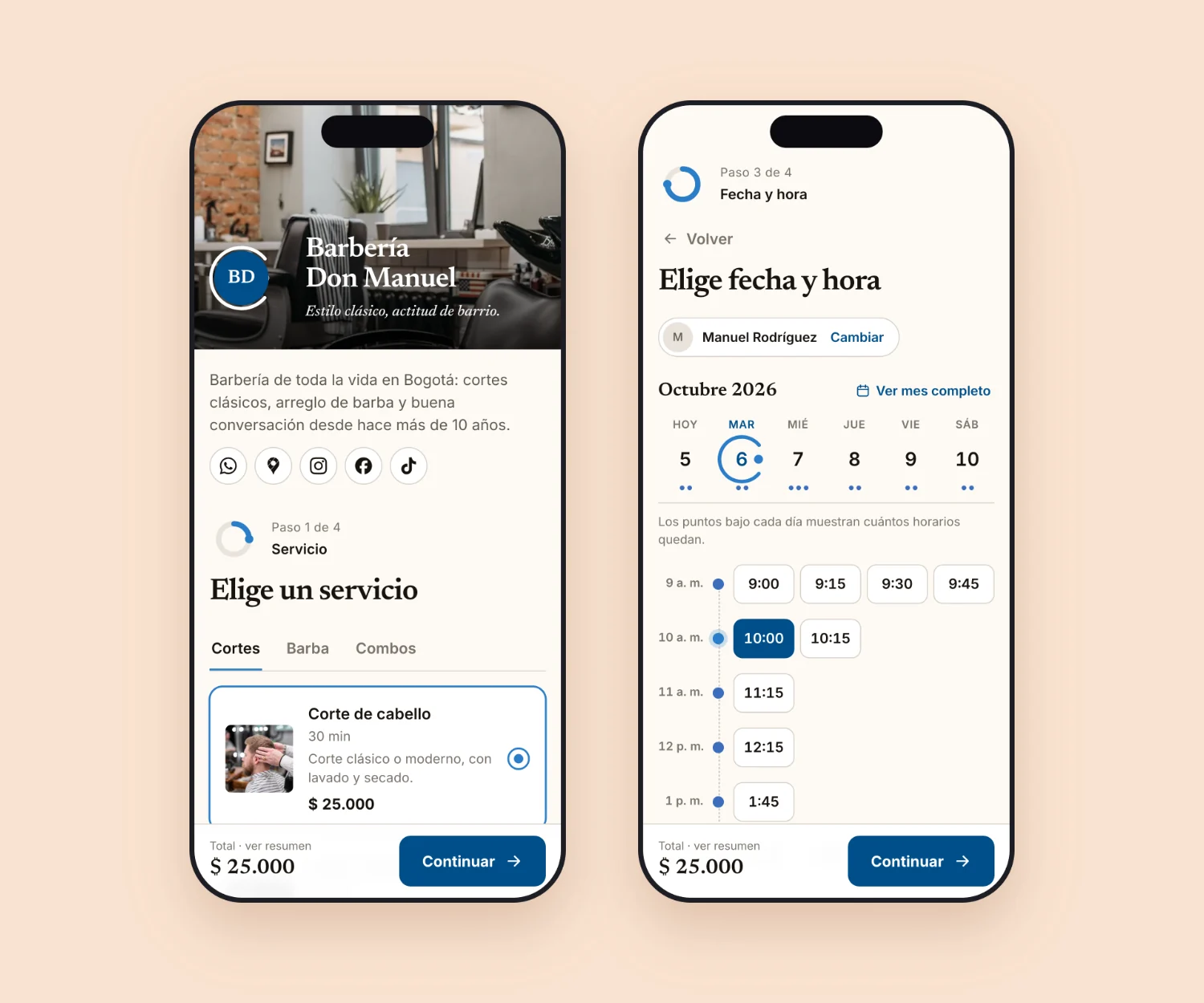 Flujo de reserva de Citalia en el celular de un cliente